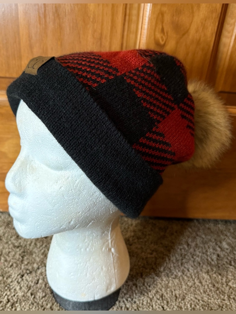 C.C. BLACK & RED BUFFALO CHECK POM BEANIE HAT Girlie Girl A 13